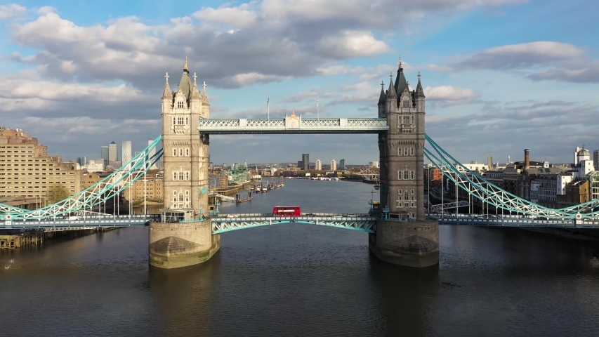 Establishing Aerial drone View of Tower Bridge, Skyline, 20, sky garden by the Thames River, United Kingdom, UK Royalty-Free Stock Footage #1049805298