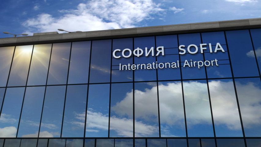 Jet aircraft landing at Sofia, Bulgaria 3D rendering animation. Arrival in the city with the glass airport terminal and reflection of the plane. Travel, business, tourism and transport concept.