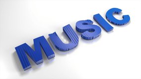 Animation blue lettering word Music on white background with moving effect, 3D.