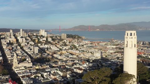 Aerial View of Coit Tower and Golden Gate Bridge in San Francisco, California - 4K Drone 