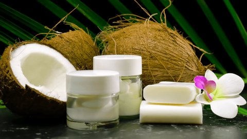 Healthy nutritious natural coconut with a vast range of dietary and cosmetic advantages and uses, shown here with cosmetic uses for soaps and moisturisers.