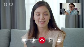 Video conference user interface of business talking in video call at home.Asian woman and man using laptop and tablet online meeting in video call.Working from home,Working remotely and Self isolation - Powered by Shutterstock - Get 15% off with code: PIKWIZARD15