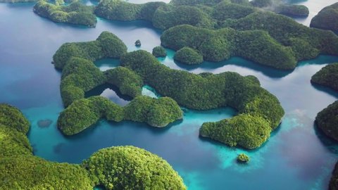 Rock Islands, Palau - April 5th 2020: Aerial footage. limestone island or coral uprises, ancient relics of coral reefs. Snorkeling Koror. National park in Palau. visiting marine lakes. Chelbacheb