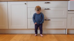 4K: Baby girl / Toddler taking first few steps Walking at home - Kitchen. Stock Video Clip Footage