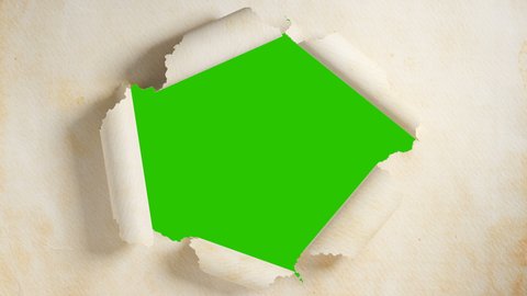 Vintage paper tearing from center, opening green chroma key background. Luma matte included. 3d animation