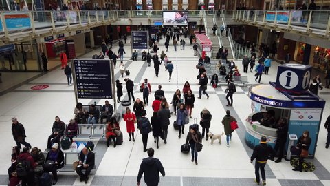 LIVERPOOL STREET, LONDON - MARCH 20, 2019: People inside Liverpool Street Train Station in East London, UK.