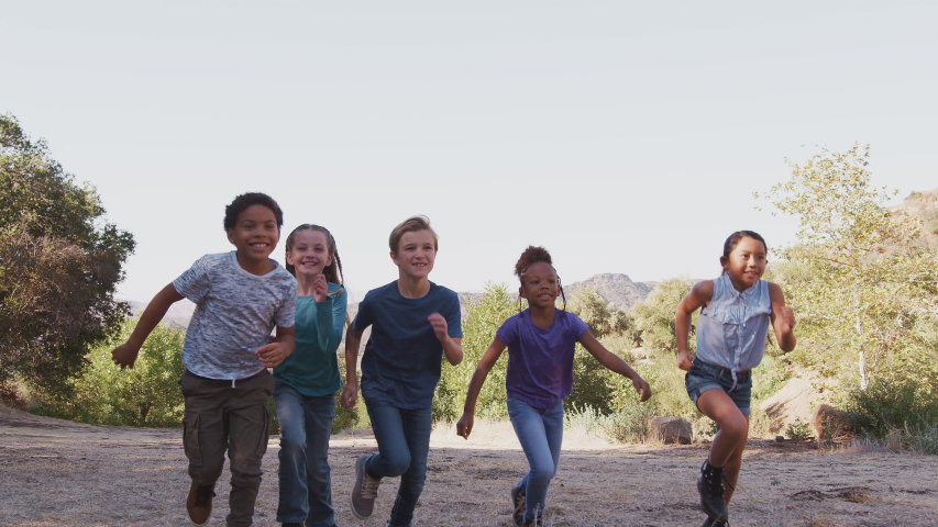 Camera tracks group of multi-cultural children with friends runnIng towards camera in countryside together - shot in slow motion Royalty-Free Stock Footage #1049877028