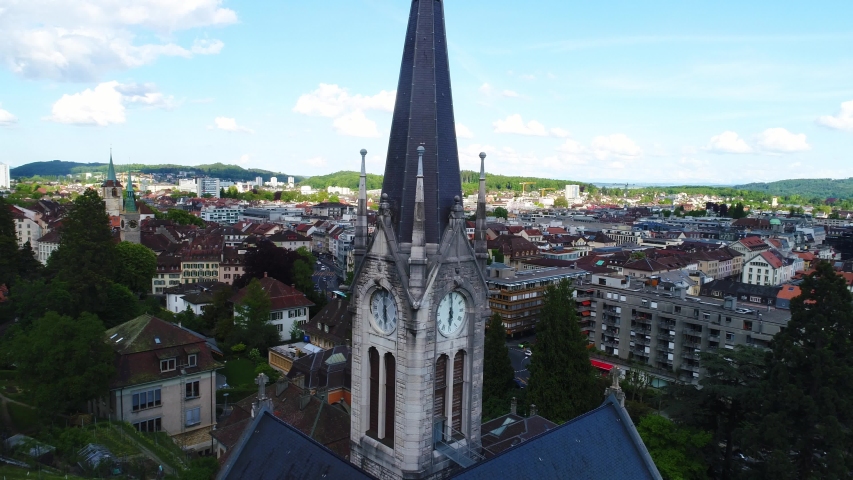 Aerial Point of Interest shot of a Watchtower in Biel/Bienne, Switzerland