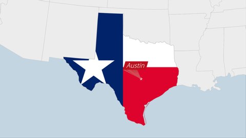 US State Texas map highlighted in Texas flag colors and pin of country capital Austin, map with neighboring States.