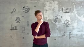 Online education. The image of a modern person who studies through the Internet. A young man stands against a gray wall, and around him are animated icons that show the distance learning system - Powered by Shutterstock - Get 15% off with code: PIKWIZARD15