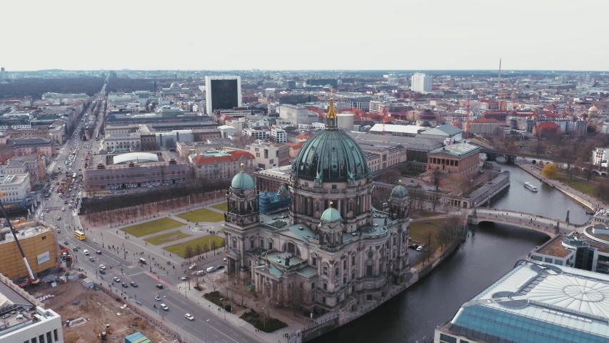 Aerial view of famous Berlin city and distant cityscape, Germany