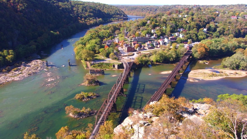 Aerial Drone, People on Cliff Above Historical Harpers Ferry, West Virginia