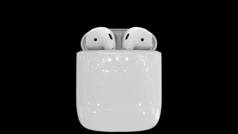 Kiev, Ukraine - March 2020. Air Pods. With Wireless Charging Case. New Airpods 2019. on black background - animation