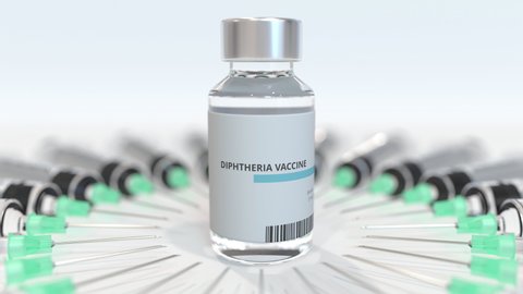 Vial with diphtheria vaccine and syringes. Conceptual medical 3D animation