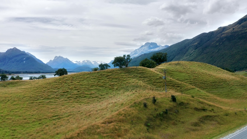 Aerial footage showing the beauty of  Fiordland National Park with a view of Mount Aspiring National Park in Glenorchy, Otago, New Zealand