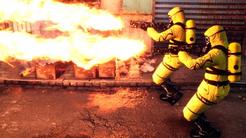 People in yellow protective suits disinfect the infected area with a flamethrower. Men in bacteriological suits and gas masks.