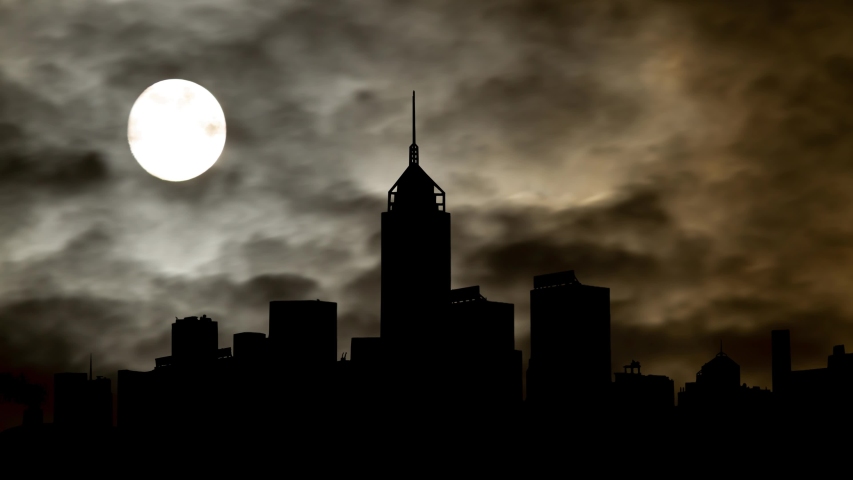 Hong Kong: Time Lapse by Night with Full Moon and Dark Skyscrapers, Wan Chai District, China