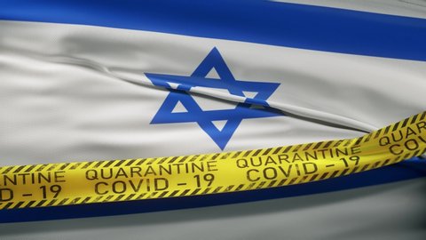 Flag of Izrael waving on wind. 
Restrictive tape coronavirus Covid-19, SARS-CoV-19 quarantine. Realistic 3d animation seamless loop, 20 seconds long.