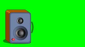Speaker, amplifier. Classic retro wood loudspeaker. 2d rhythmic loop animation. Disco, rock music party.  Movement of sound waves. Deleted green screen background. 4K video