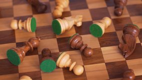 Randomly scattered wooden chess pieces on a chessboard. Video with rotation