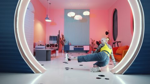 Zoom in shot of young shorthaired female dancer in hipster outfit looking at camera and performing vogue dance in retro designed studio with trendy pink light