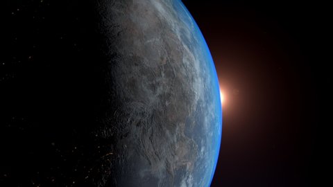 3D render of Planet Earth sunrise in space. Our beautiful globe waking up. 4K high quality realistic. 