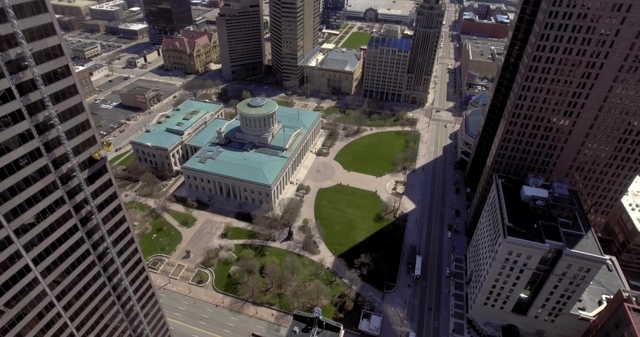 Drone Shot of Ohio State Capital Building at Downtown Columbus During Covid-19 Quarantine