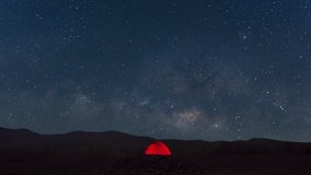 Red tent under Milky Way Galaxy Time Lapse Lampang Thailand, Universe galaxy milky way time lapse, dark milky way, galaxy view, star lines, timelapse night sky stars on sky background. 4K Resolution. - Powered by Shutterstock - Get 15% off with code: PIKWIZARD15