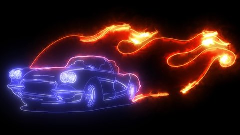 digital animation of a car and flames that lighting up on neon style