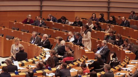 Brussels, Brussels / Belgium - 2019:
European Parliament Congress Politicians Taking Decisions Discussing 