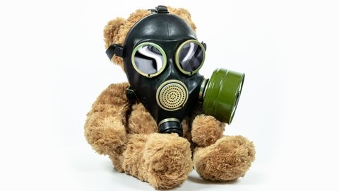 a mannequin head with blue hair wearing face mask mixed with a teddy bear wearing gasmask