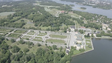D-Log. Stockholm, Sweden - June 23, 2019: Drottningholm. Drottningholms Slott. Well-preserved royal residence with a Chinese pavilion, theater and gardens, Aerial View, Point of interest
