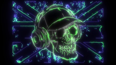 digital animation of a skull with phonehead that lighting up on neon style
