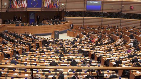 Brussels / Belgium - 2020: 4K European Parliament Congress Politicians Taking Decisions