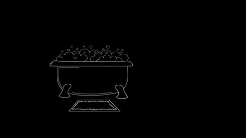 Self drawing sketch animation of bathroom with bath full of water and soap foam. Copy space. Black background.