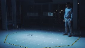 Industry 4.0: Modern Professional Architect Wearing Virtual Reality Headset Uses Gestures to Move, Design and Manipulate Buildings for 3D City. Mixed Augmented Reality Software. VFX Visual Effects - Powered by Shutterstock - Get 15% off with code: PIKWIZARD15
