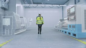 Female Engineer Walks Through Factory Workshop with Augmented Reality Creating 3D Models CNC Machinery Production Line. Industry 4.0 Graphics Visualization in Factory. VFX Special Visual Effects - Powered by Shutterstock - Get 15% off with code: PIKWIZARD15