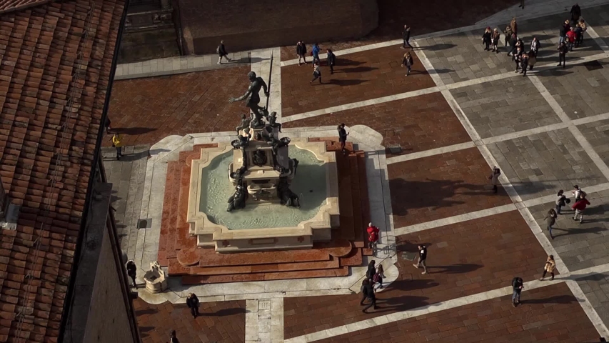 Fountain of Neptune, Piazza del Nettuno, Bologna, Emilia-Romagna, Italy. Filmed from above.