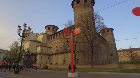 Turin, Italy - Circa November 2016: The historic center of the town filmed by the car