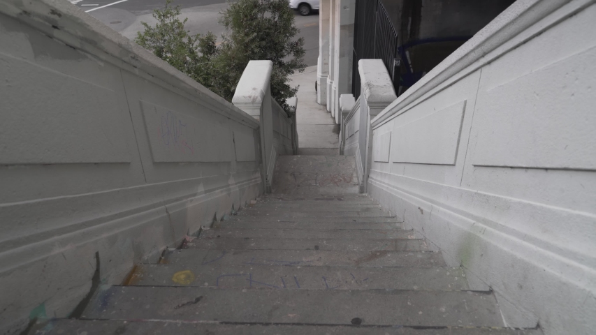 Downtown Los Angeles fourth street stair case, gloomy day eerie vibe 