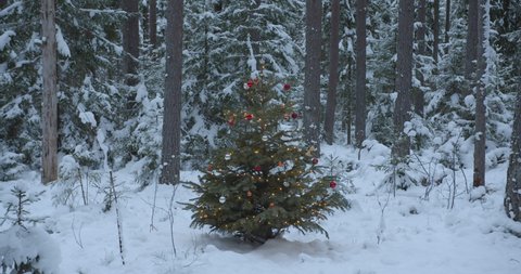 Decorated Christmas tree with lights and balls in snowy winter forest