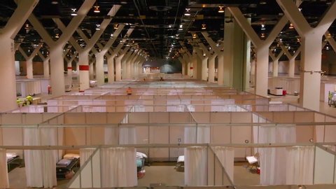 CIRCA 2020 - good aerial shots of an emergency hospital constructed at McCormick Convention Center in Chicago during the Covid-19 emergency.