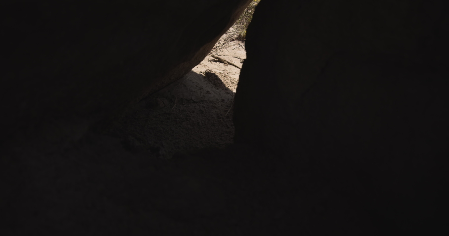 Glendive, Montana / United States - August 20th 2019: Makoshika State Park Salamander Jumping Rocks Hiding Shade Badlands