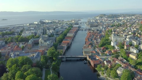 Aerial shot of urban area in city Trondheim and river Nidelva in Norway