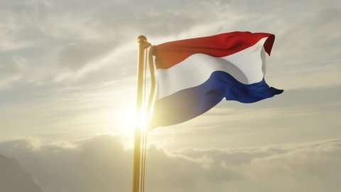 Flag of Netherlands Waving in the wind, Sky and Sun Background, Slow Motion, Realistic Animation, 4K UHD 60 FPS Slow-Motion