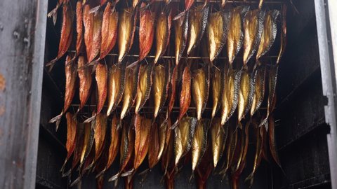Smoking fish filets hanging side by side in a smoker. Cold smoked mackerel pieces for sale in fish market
