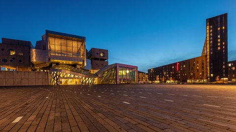 Aalborg / Denmark - January 16th 2020: Day to Night Timelapse from the Concert Hall - Musikkens Hus (House of Music) in Aalborg.