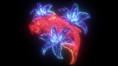 digital animation of a carp and flower that lighting up on neon style