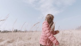 Happy young girl with long blonde hair and smile on her face run across yellow wheat field. Happiness, freedom and lifestyle concept. Stock video.