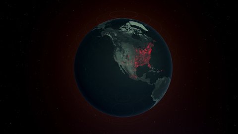 3D animation render of Map of the world showing Coronavirus Covid-19 spread throughout the different continents and countries. 